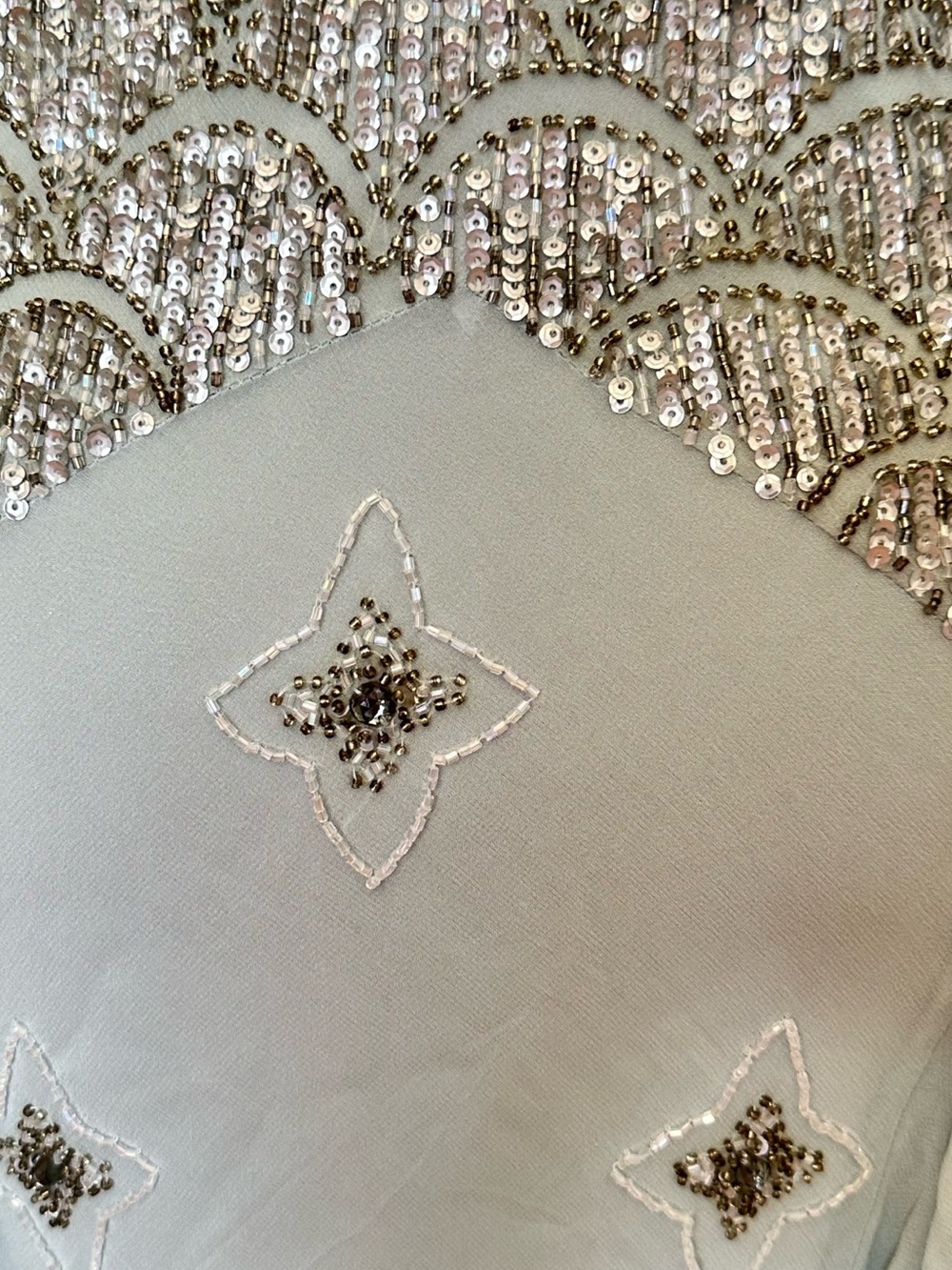 Sue Wong Silver-Beaded Pale Sage Cold-Shoulder Mini Dress - Picture 4 of 5